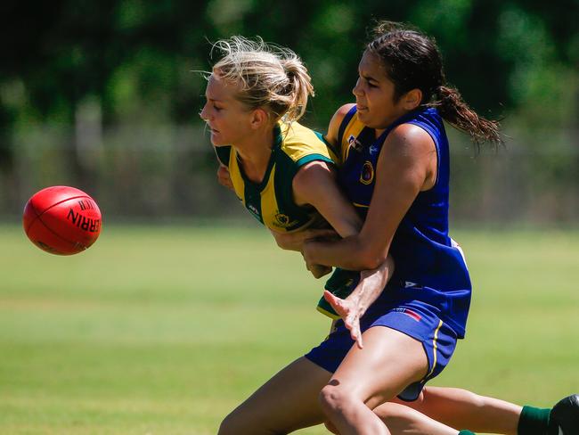 PINTS Katie Streader is tackled by Wanderers Tishara Davern as PINT v Wanderers Women's Premier League.Picture GLENN CAMPBELL