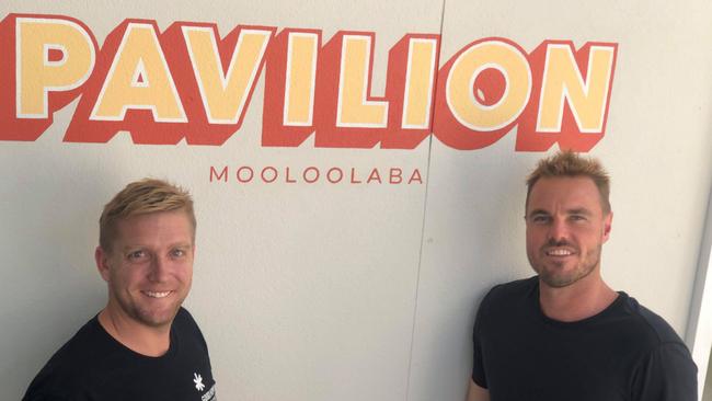 Developer and real estate director Craig Morrison and Good Bean Franchising CEO Shane Hepburn have joined forces to open their new Mediterranean inspired bar and restaurant, Pavilion Mooloolaba. Picture: Laura Pettigrew.