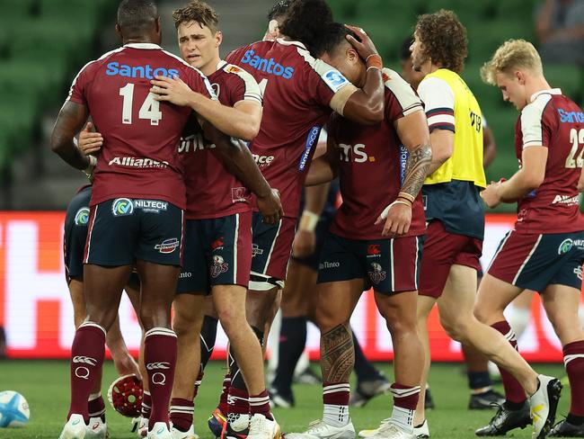 MELBOURNE, AUSTRALIA - MARCH 15: The Reds celebrate after they defeated the Rebels during the round four Super Rugby Pacific match between Melbourne Rebels and Queensland Reds at AAMI Park, on March 15, 2024, in Melbourne, Australia. (Photo by Robert Cianflone/Getty Images)