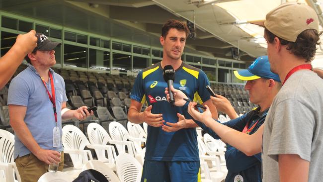 Pat Cummins addresses the media after training at Newlands in Cape Town Picture: Getty Images