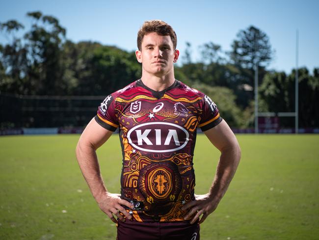 Ethan Bullemor wearing the Broncos Indigenous jersey at the club’s Red Hill base. Picture: Brad Fleet