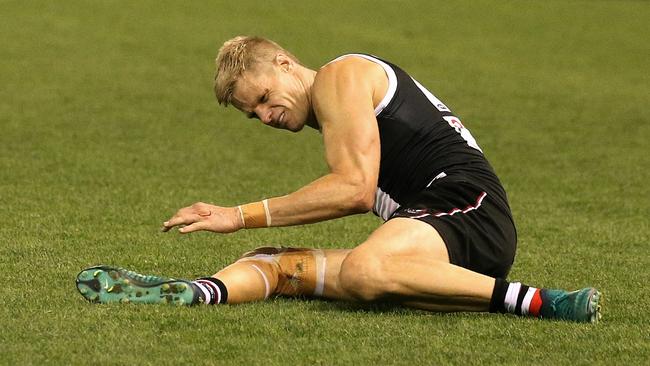 Nick Riewoldt twisted his ankle in the last quarter against Geelong. Picture: Wayne Ludbey