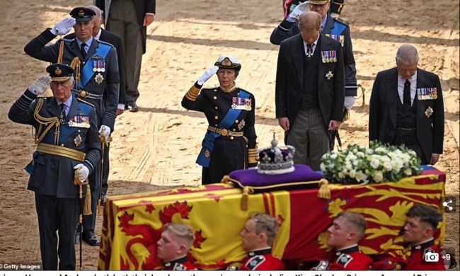 Prince Harry and Prince Andrew bowed their head as other members of the family paid tribute to the Queen with a military salute. Picture: Getty Images