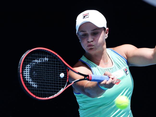 2020 Australian Open Tennis - Day Nine. Ashleigh Barty (AUS) in action against Petra Kvitova (CZE) in their quarterfinal match on Rod Laver Arena. Picture: Mark Stewart