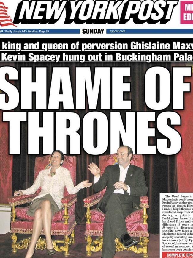 New York Post front page with Ghislaine Maxwell and Kevin Spacey on royal thrones. Picture: NY Post