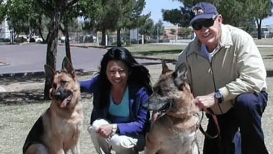 Gene Hackman and Betsy Arakawa with two of their dogs. Picture: Supplied