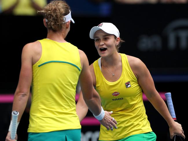 Ash Barty and Sam Stosur during the 2019 Fed Cup Final