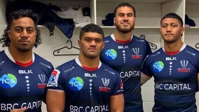 The Melbourne Rebels "Burn Boyz -   (L-R) Pone Fa’amausil, Jordan Uelese,  Trevor Hosea,  Rob Leota