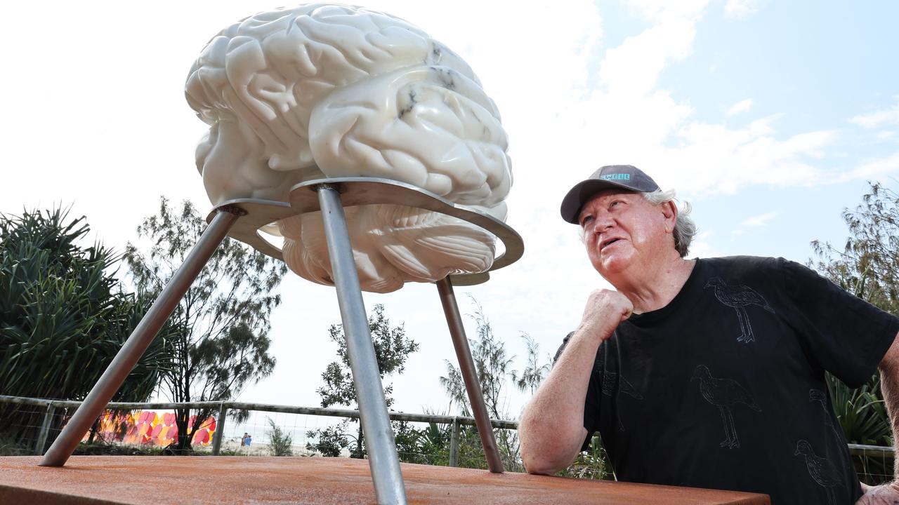 Swell Festival at Currumbin. Sculptor Gary Fenelon with his work, The Font. Picture Glenn Hampson