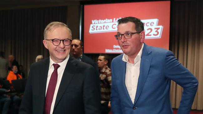 Anthony Albanese and Daniel Andrews at the Victorian Labor Party conference at Moonee Valley Racecourse on Saturday. Picture: NCA NewsWire / David Crosling