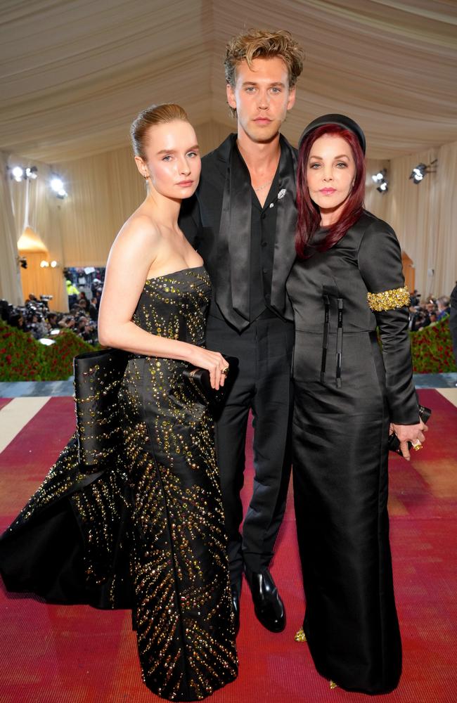 Australian actor Olivia DeJonge (who plays Priscilla) with Austin Butler (who stars as Elvis) in Baz Luhrmann’s Elvis movie, with Priscilla Presley at the Met Gala. Picture: Getty Images