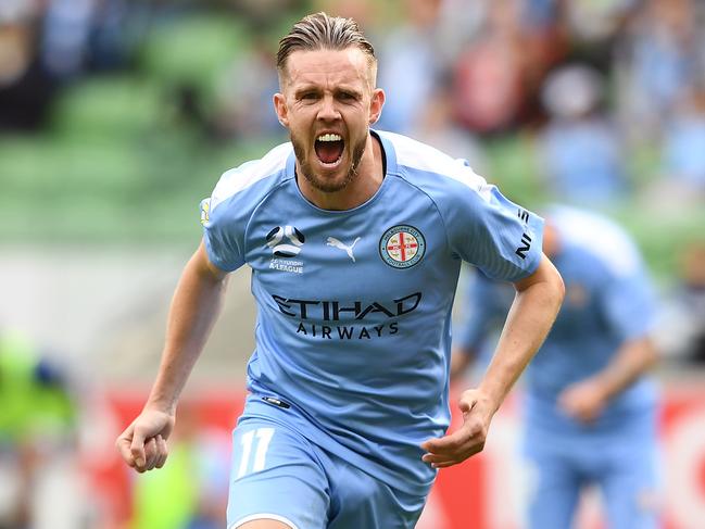 MELBOURNE, AUSTRALIA - NOVEMBER 03: Craig Noone of Melbourne City celebrates after scoring a goal during the round four A-League match between Melbourne City and the Wellington Phoenix at AAMI Park on November 03, 2019 in Melbourne, Australia. (Photo by Quinn Rooney/Getty Images)