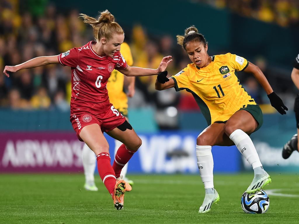 Dancing Queen Mary Fowler with a Cruyff turn to bamboozle Denmark’s midfield in the World Game in Sydney. Picture: Amy Halpin/DeFodi Images/Getty Images