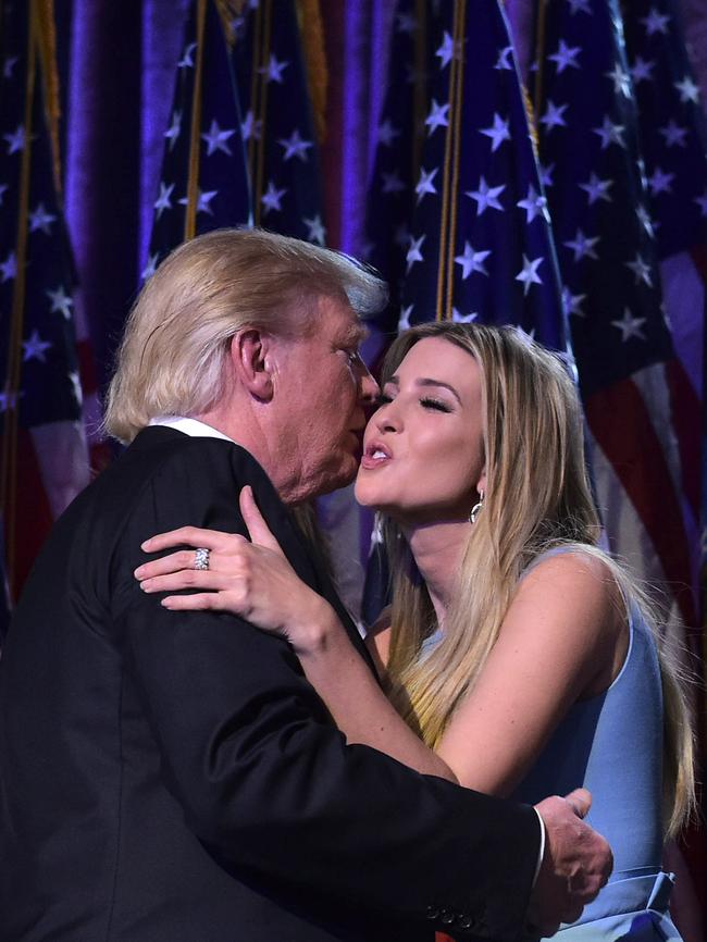 Republican presidential elect Donald Trump kisses his daughter Ivanka. Picture: AP