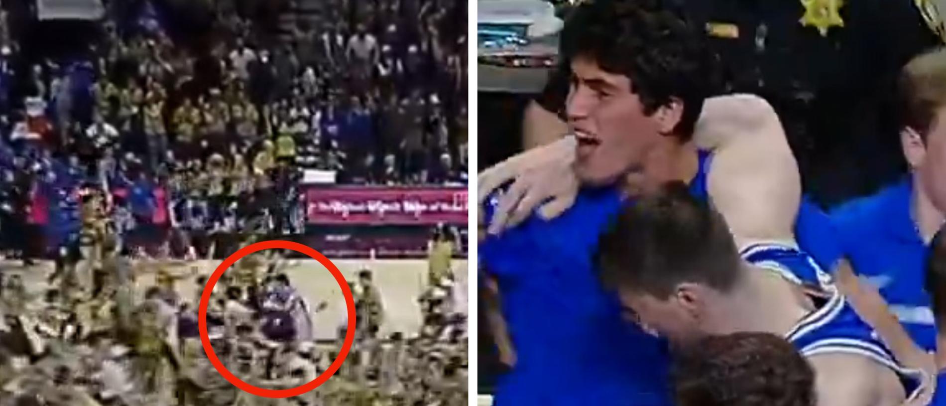 Duke forward Kyle Filipowski was hurt when Wake Forest fans stormed the court. Picture: Supplied