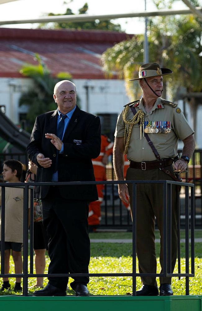 Hinchinbrook Mayor Ramon Jayo and Major General Shane Caughey, AM, CSC, (Retd) watch as Australian Army soldiers from the 3rd Battalion, The Royal Australian Regiment march through Ingham, during the Freedom of Entry Parade on Saturday. Picture: BDR Guy Sadler