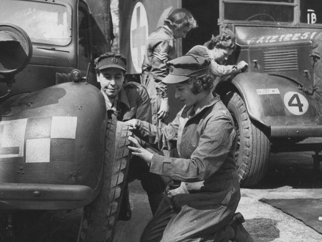 Princess Elizabeth (later Queen Elizabeth II) trains as ATS officer in Southern England in 1945 during World War II. Picture: War Office Photo Royals