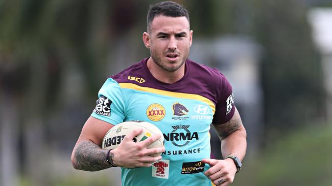 Darius Boyd trains in the new Broncos kit. Picture: Annette Dew