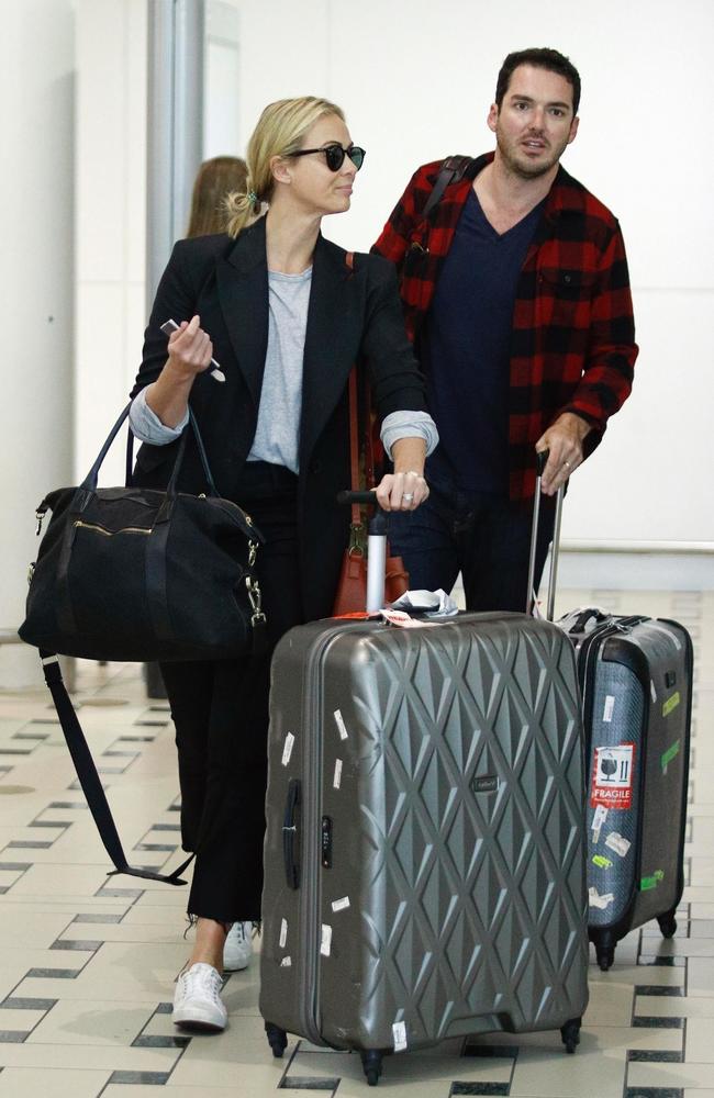 Peter Stefanovic and Sylvia Jeffreys touched down in Brisbane from Los Angeles after attending the wedding of Karl Stefanovic to Jasmine Yarbrough in Mexico. Picture: Backgrid