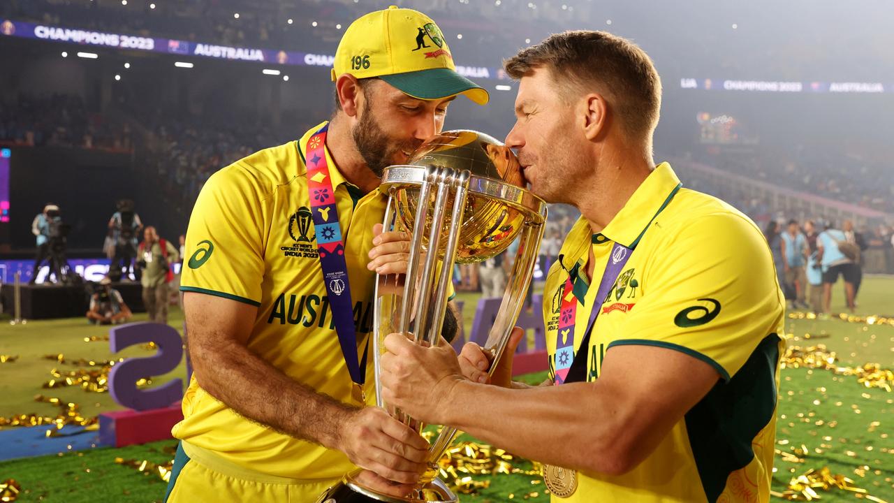 Glenn Maxwell and David Warner won the ODI World Cup together. Picture: Robert Cianflone/Getty Images