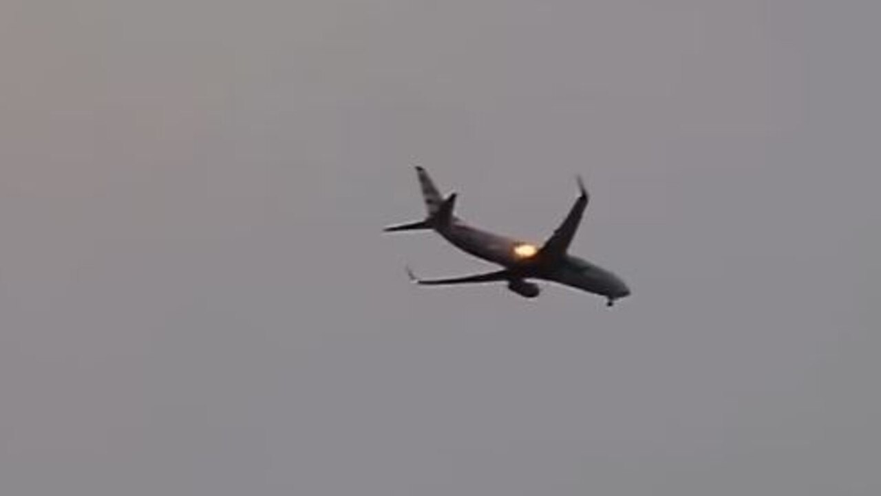 The plane was seen heading back to the airport in Ohio with flames spewing from an engine. Picture: Twitter