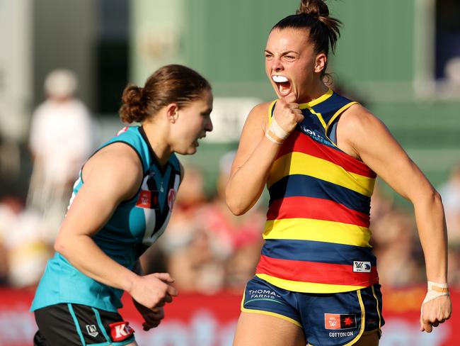 ADELAIDE, AUSTRALIA - SEPTEMBER 02: Ebony Marinoff of the Crows celebrates a goal during the 2023 AFLW Round 01 match between the Adelaide Crows and the Port Adelaide Power at Norwood Oval on September 02, 2023 in Adelaide, Australia. (Photo by Sarah Reed/AFL Photos via Getty Images)