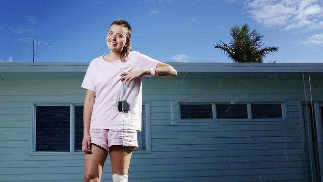 Alexa Leary returns to her family home in Noosaville after four months in hospital. Picture Lachie Millard