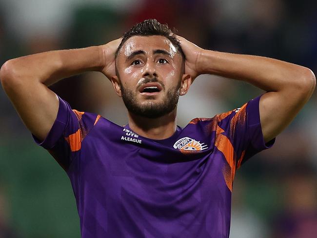 PERTH, AUSTRALIA - DECEMBER 08: Jarrod Carluccio of the Glory looks on during the A-League Men round seven match between Perth Glory and Melbourne City at HBF Park, on December 08, 2023, in Perth, Australia. (Photo by Paul Kane/Getty Images)