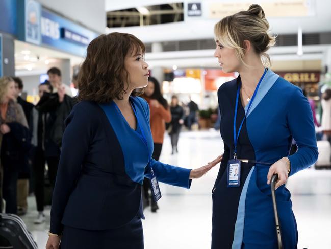 Rosie Perez and Kaley Cuoco in The Flight Attendant, streaming now on Binge. Picture: Vogue Australia/Binge