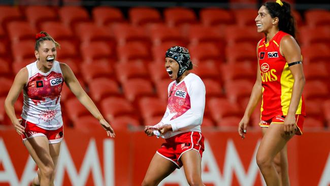 Aliesha Newman celebrates a goal during Sydney’s win over Gold Coast. Picture: Dylan Burns/AFL Photos