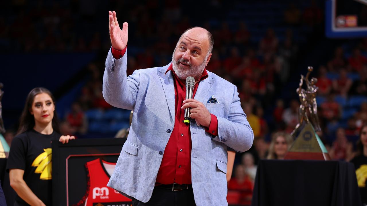 Craig Hutchison speaks before a Perth Wildcats game. Photo by Paul Kane/Getty Images.