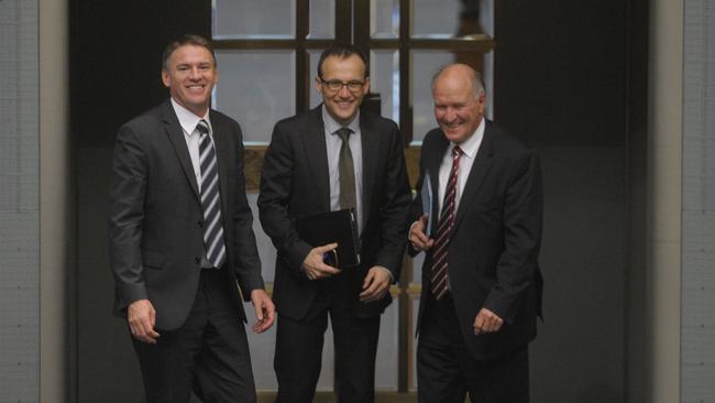 It was the Greens’ Adam Bandt (centre) and independents Rob Oakeshott (left) and Tony Windsor – pictured in 2013 – who called on Julia Gillard to make a move on this multi-party support for constitutional recognition. Picture: Lukas Coch/AAP