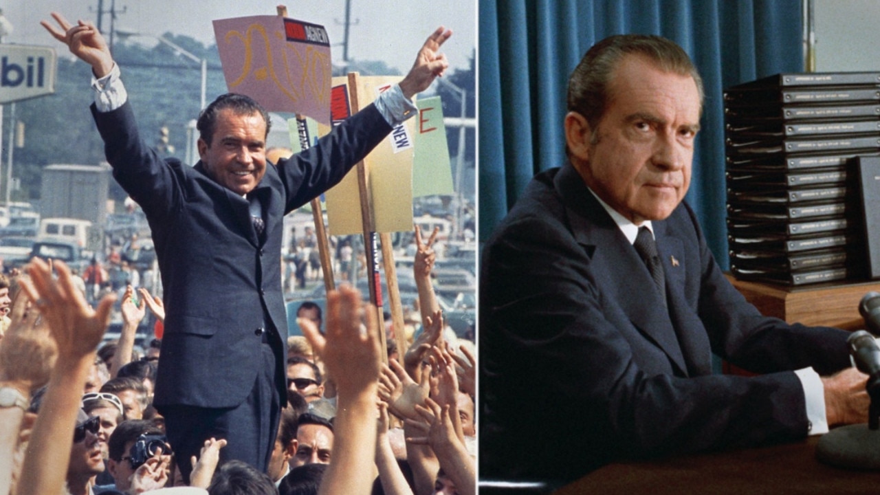 Nixon campaigning for president in 1968 and, right, shortly before his 1974 resignation over the Watergate scandal.