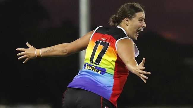 St Kilda’s Caitlin Greiser celebrates her big last-quarter goal.