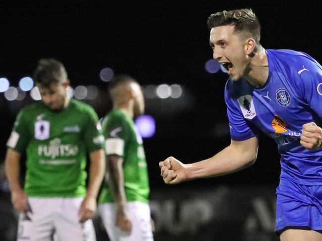 MELBOURNE, AUSTRALIA - JULY 25:  Liam Boland of Avondale FC celebrates after scoring their third goal during the FFA Cup round of 32 match between Avondale FC and Marconi Stallions FC at ABD Stadium on July 25, 2018 in Melbourne, Australia.  (Photo by Scott Barbour/Getty Images)