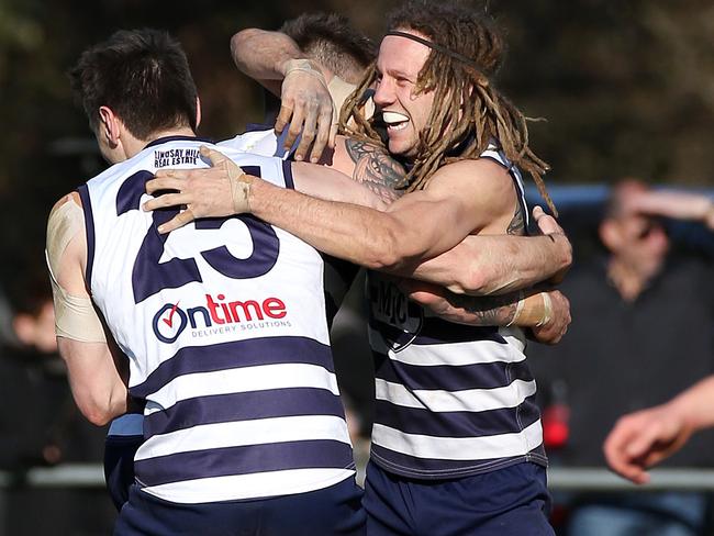 Errol McConnell celebrates a goal during Macedon’s 2017 grand final win. Picture: George Salpigtidis.