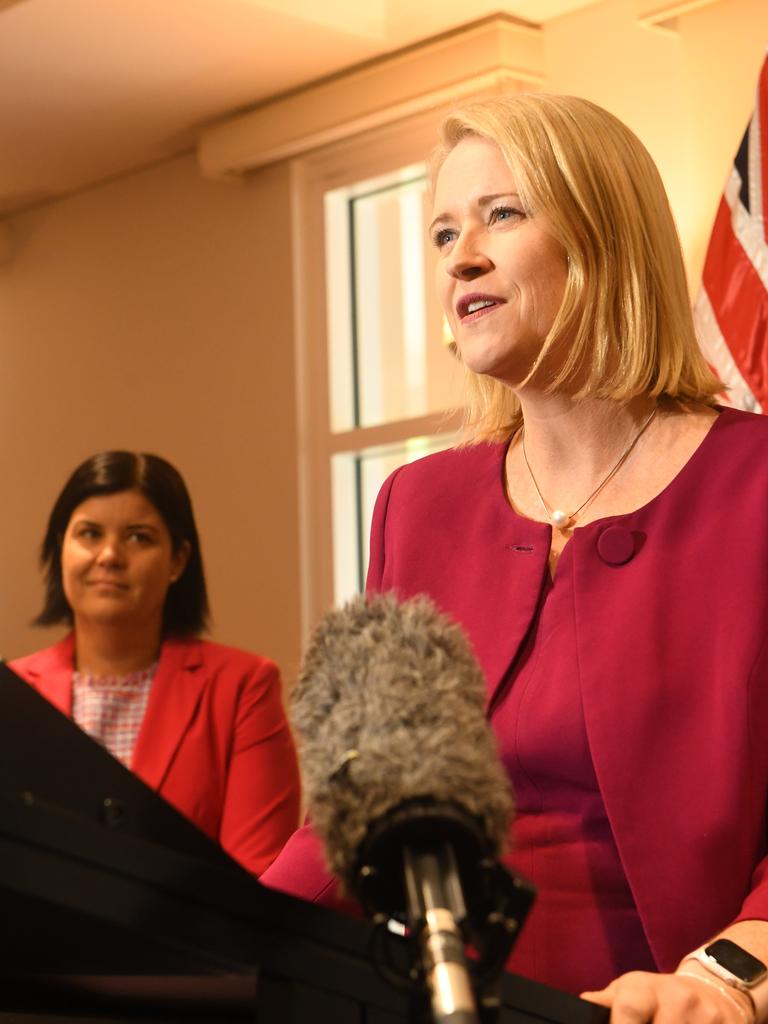 Deputy Chief Minister Nicole Manison congratulates the newly appointed Chief Minister Natasha Fyles. Picture: (A)manda Parkinson