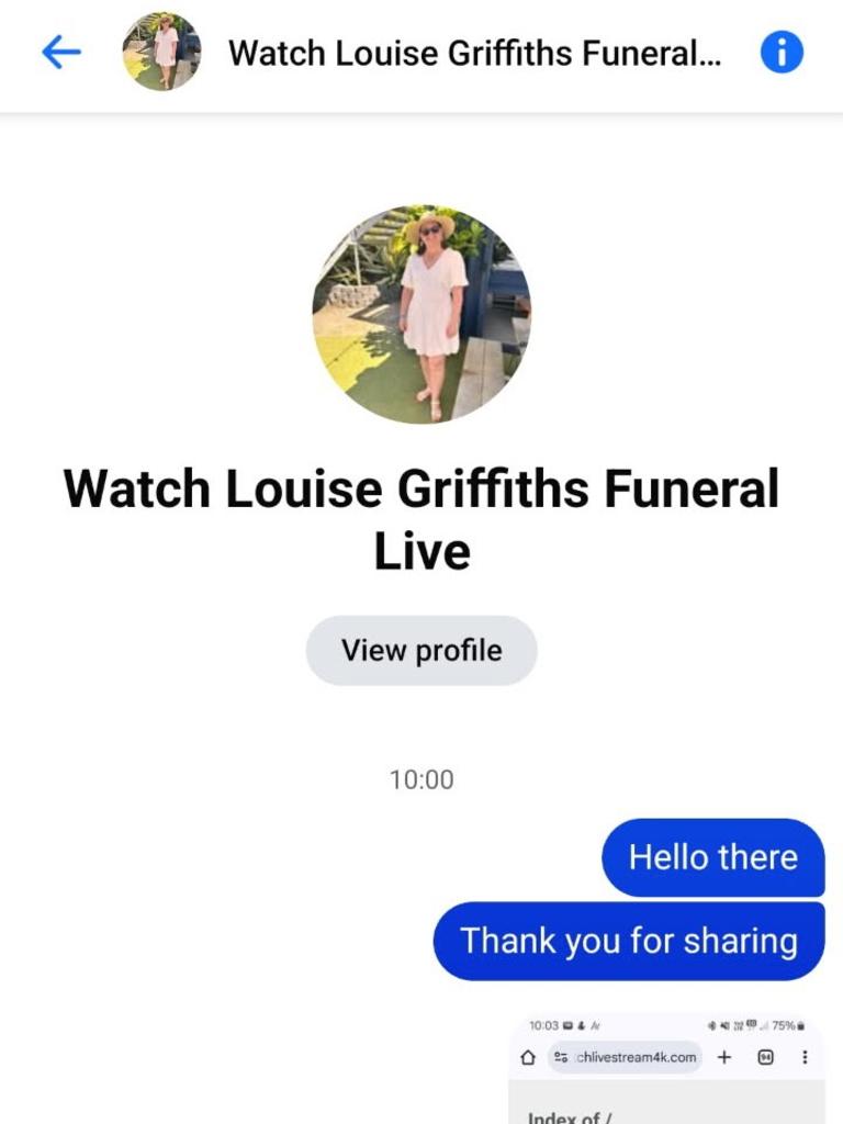 Screenshots of a user's conversation with the scam Facebook page, using Louise Griffith's funeral.