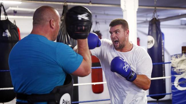 Darcy Lussick training with his dad Jason at Manly Fight Gym ahead of Friday’s fight with Justin Hodges. Picture: Sam Ruttyn.