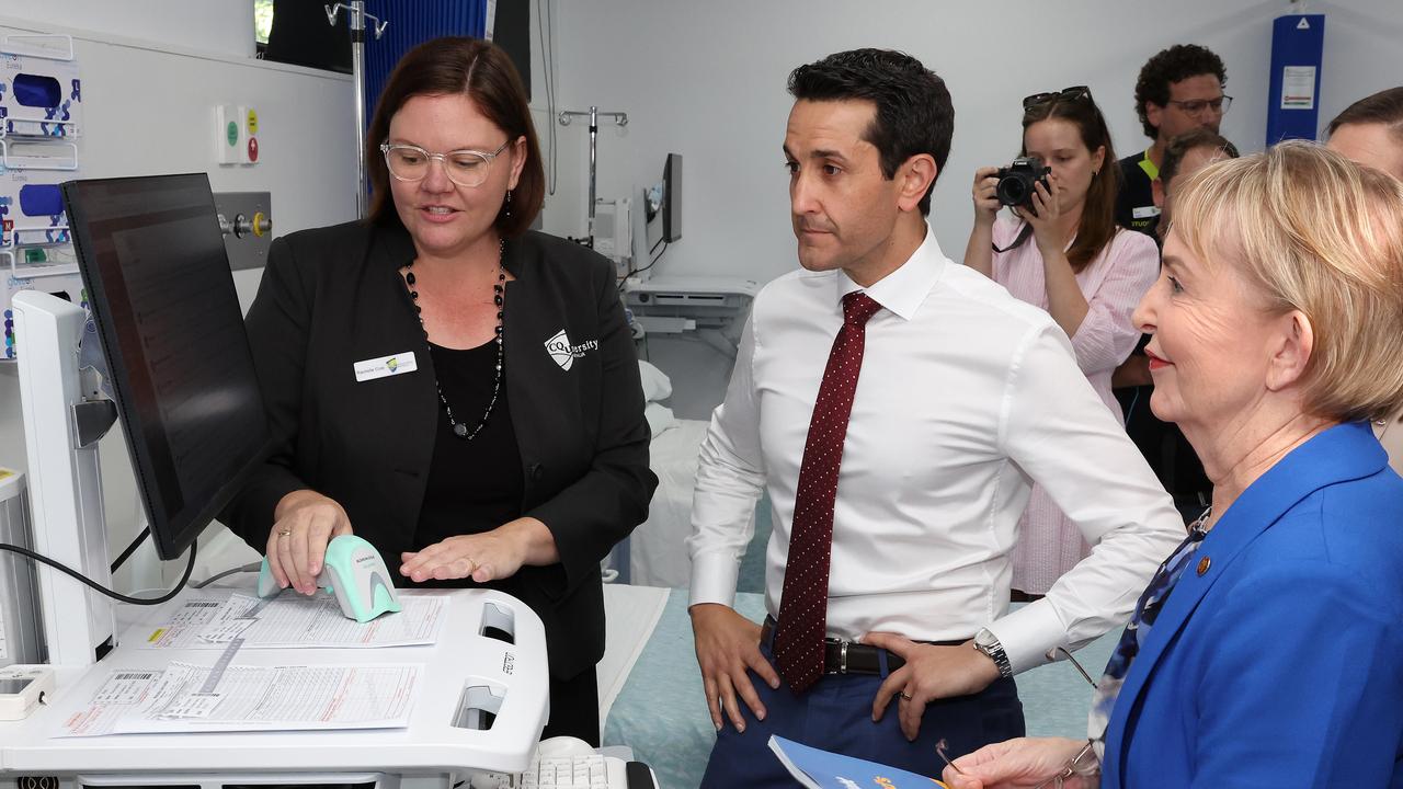 Leader of the Opposition David Crisafulli and Shadow Minister for Health and Ambulance Services Ros Bates talking with Rachelle Cole head of simulation at the schoolof nursing, midwifery and social sciences, during a tour of the Nursing Clinics at CQ University, Rockhampton. Picture: Liam Kidston.