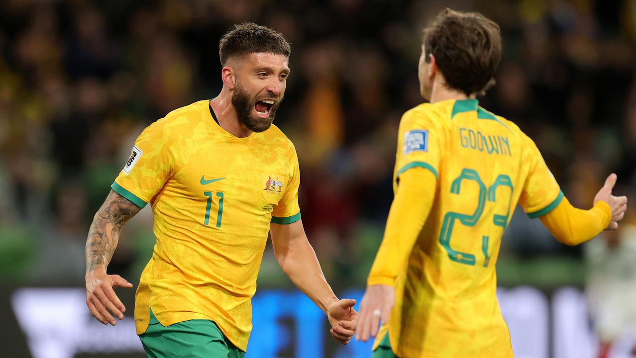 Brandon Borrello (left) celebrates with Craig Goodwin after scoring for the Socceroos. Picture: Kelly Defina/Getty Images