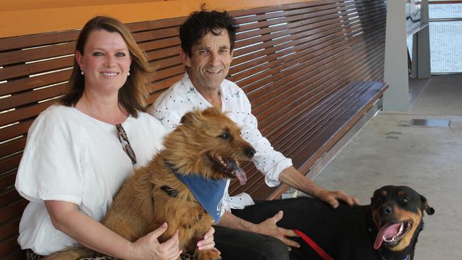 Annie Boxall and Banjo with Paul Liddy and Ziggy are excited Brisbane has finally introduced a trial allowing dogs on the city’s ferries. Photo. Andrea Macleod.