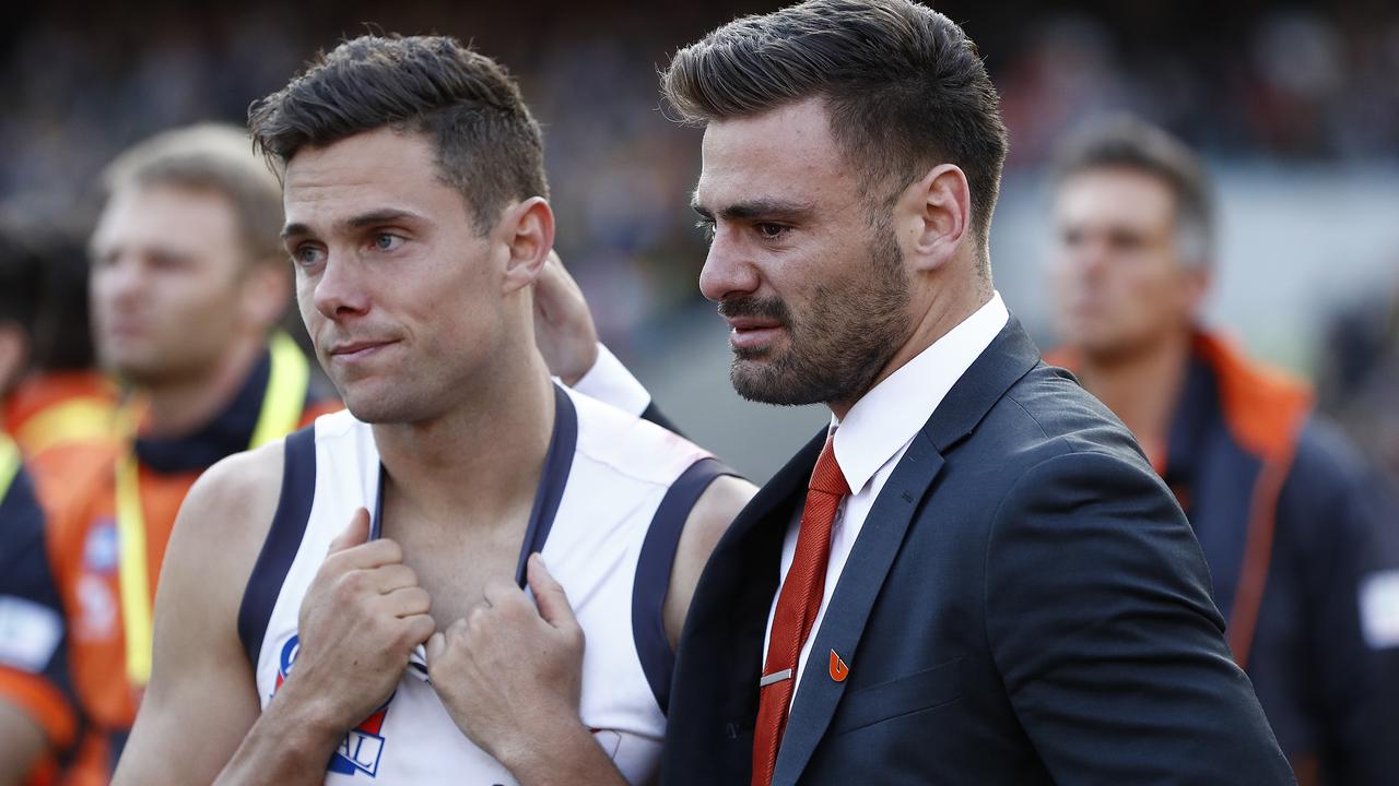 Distraught Giants Josh Kelly and Stephen Coniglio after last year’s Grand Final smashing. Picture: Ryan Pierse/AFL Photos/via Getty Images