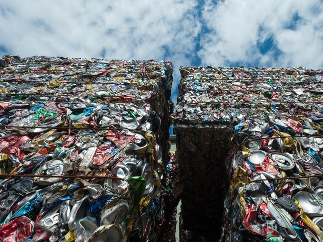 Aluminium cans baled up for recycling.