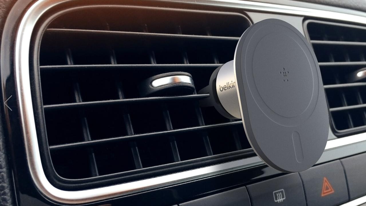 The Belkin Magnetic Car Vent Mount holds MagSafe-compatible iPhones upright in cars.