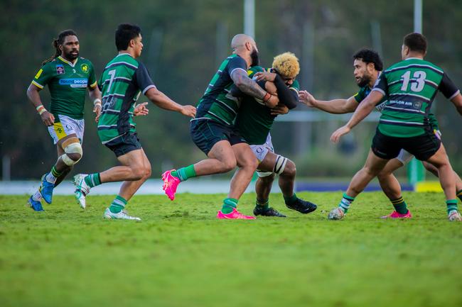 Sunnybank midfielder Tevita Ahosivi wrestles a Wests player to ground. Picture credit: Holly Hope Creative.