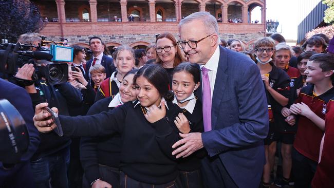 Mr Albanese at Cabra Dominican College with kids going wild. Picture: Sam Ruttyn