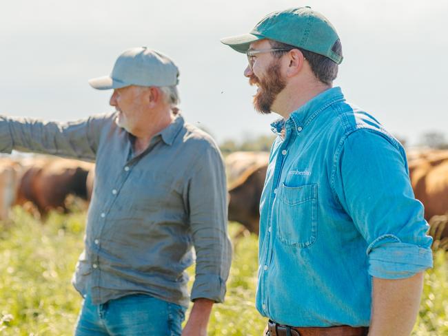 Dairy farmer Steve Arnold with Number8Bio founder Alex Carpenter at Messina's Numurkah dairy farm.