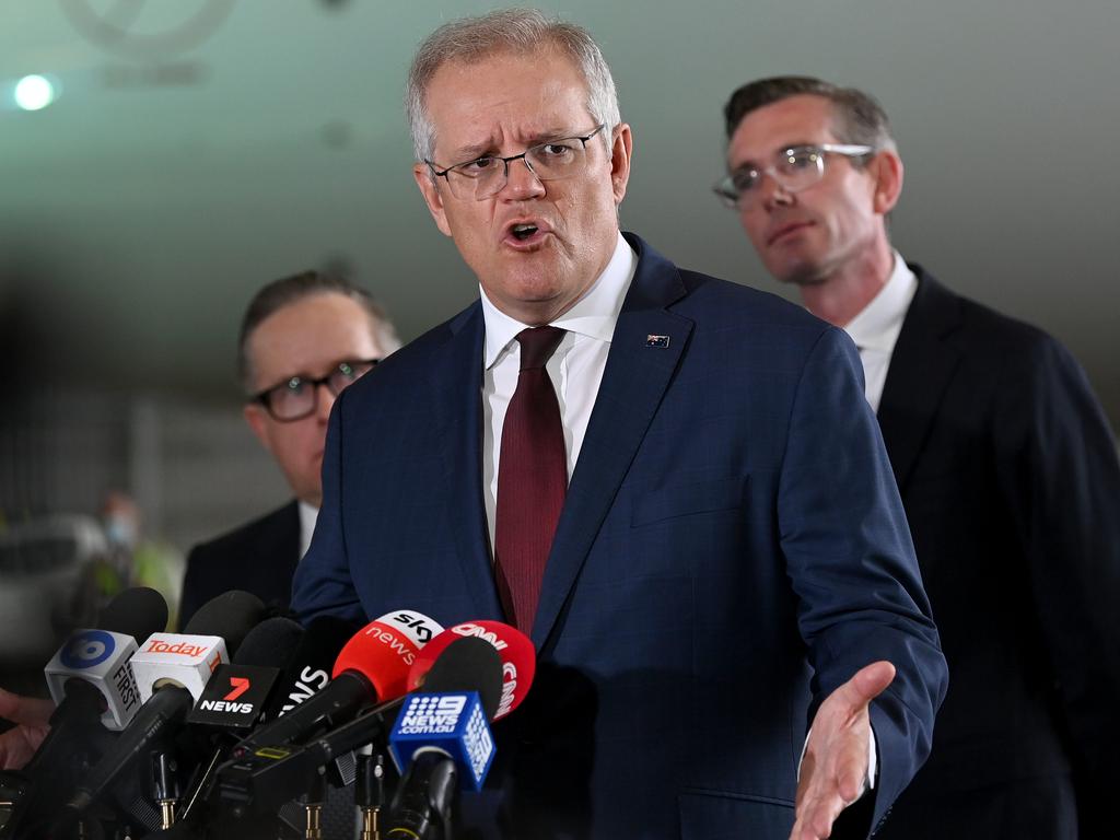 Prime Minister Scott Morrison speaks to the media during press conference at the Qantas Jet Base at Sydney Airport. Picture: NCA NewsWire/Bianca De Marchi