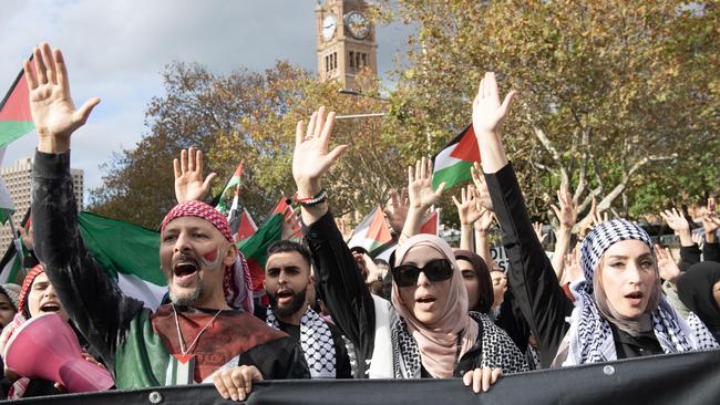 Protesters march to the Sydney University Gaza solidarity encampment. Picture: NCA NewsWire / Jeremy Piper